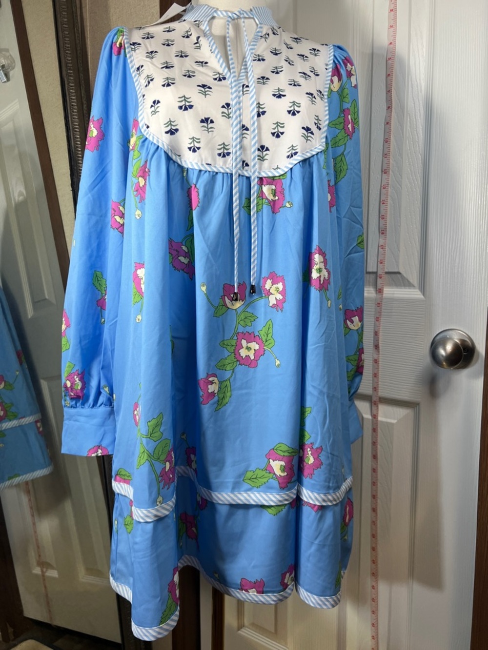 Women Light Blue Floral Nightgown with White Yoke and Tie